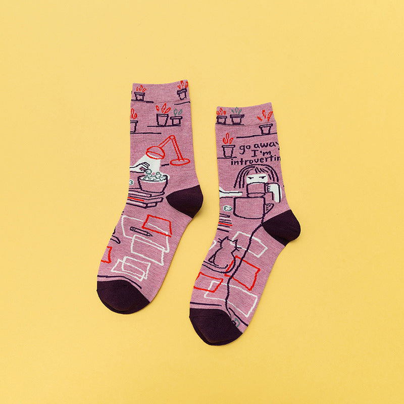 Personality Contrast Color Graffiti Women's Tube Socks Street Style Fashion Cotton Socks