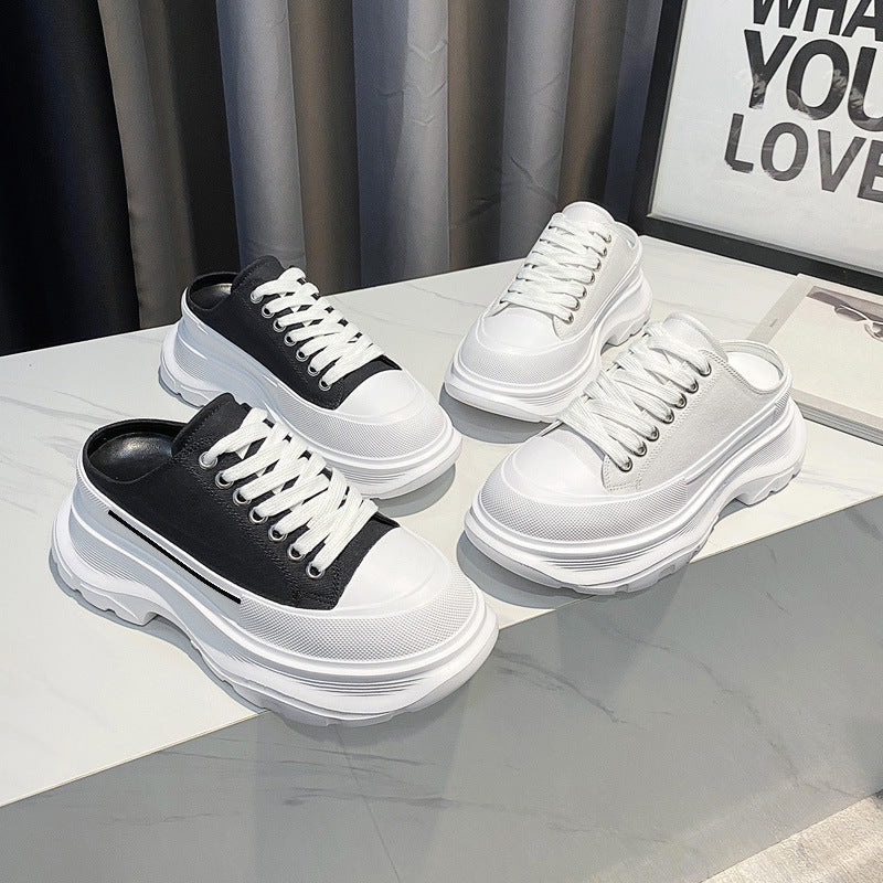 Lace-up Canvas Platform Half Slippers