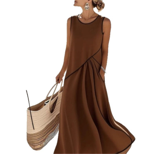 Euro-American Style Crew-Neck Sleeveless Contrasting-Color Loose Slimming Cross-Over Dress