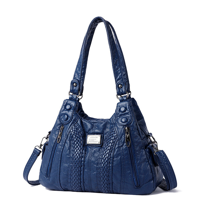 Real Washed Leather Woven Locomotive Commuter Large Capacity Soft Leather Portable Shoulder Bag For Women
