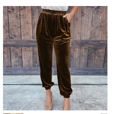Women's Gold Velvet Trousers Straight Leg Elastic Waist Casual Pants