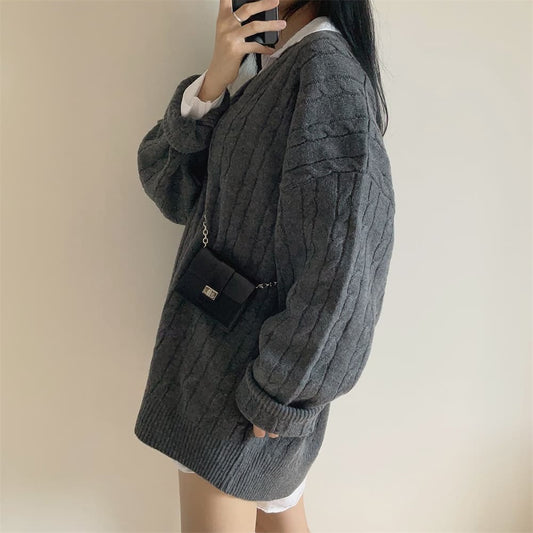 V-neck Mid-length Sweater Thick Long-sleeved Knitted Top