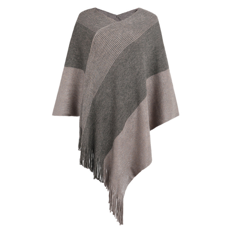 Contrasting Color Cloak Shawl Sweater Coat