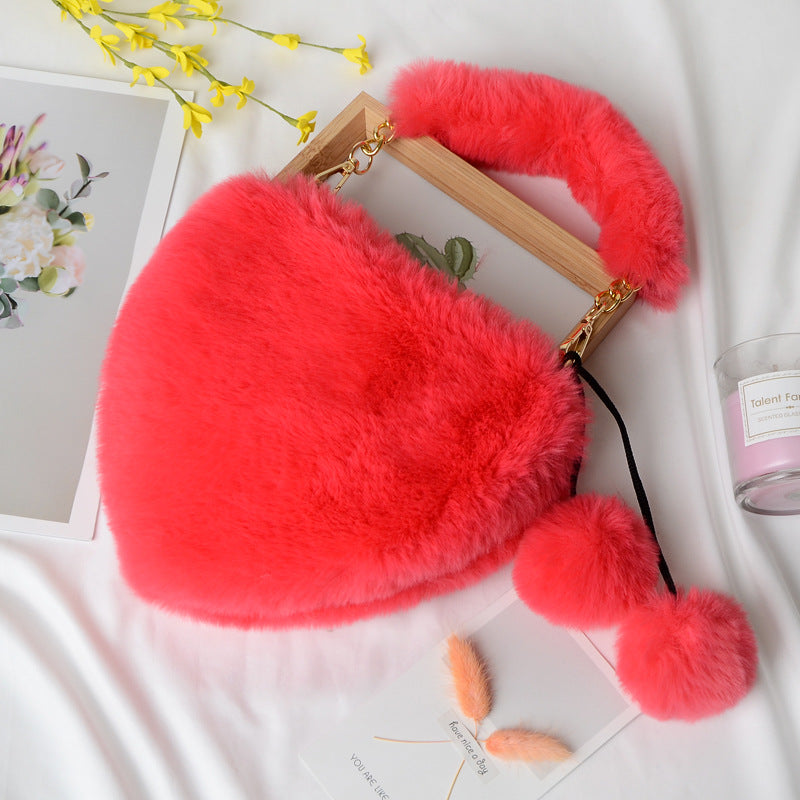 Women's Heart-shaped Plush Peach Heart Artificial Wool Handbag