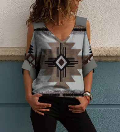 Loose Off-the-shoulder Mid-sleeve Retro Print T-shirt Summer European And American Women's Tops