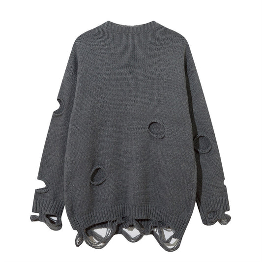 European And American Lazy Crocheted Ripped Round Neck Sweater Sweater