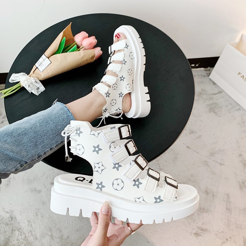 Platform High-Top Roman Sandals With Belt Buckle