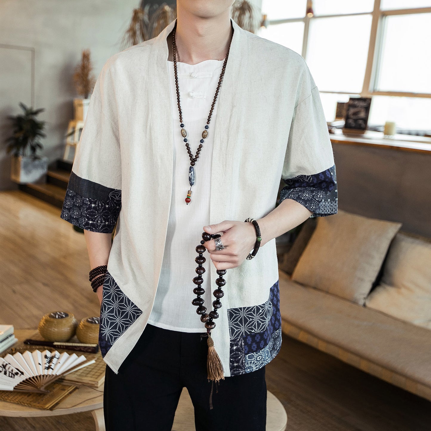 Men's cotton linen cardigan jacket cloak shirt