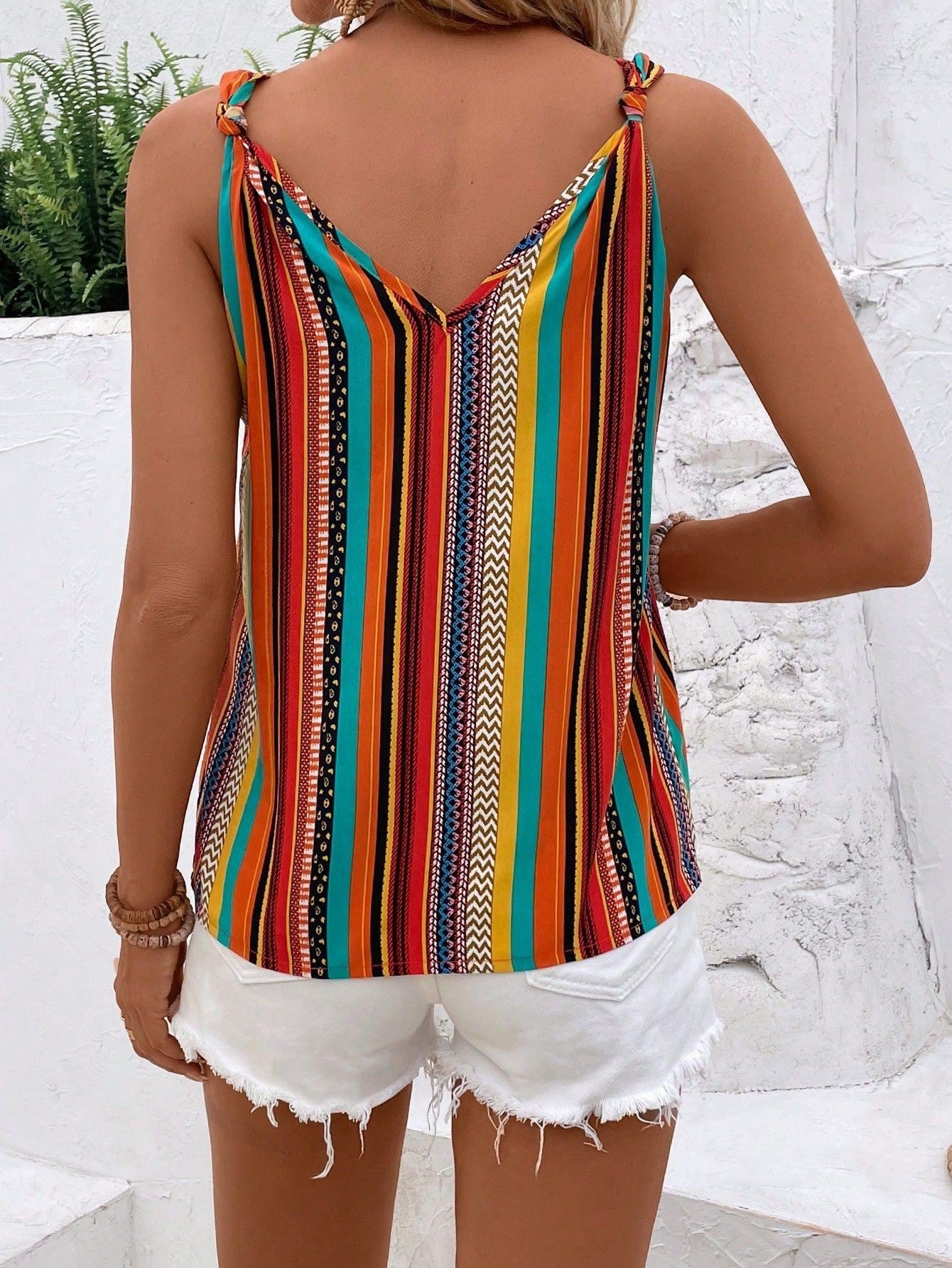 Strapped Striped Colorful V-Neck Casual Comfortable Sleeveless T-Shirt