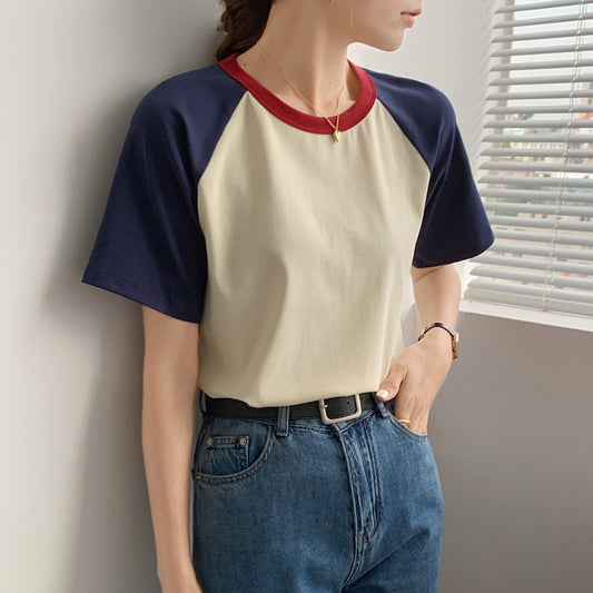 Retro Patchwork Rund Hals Kortærmet med Kontrastfarver