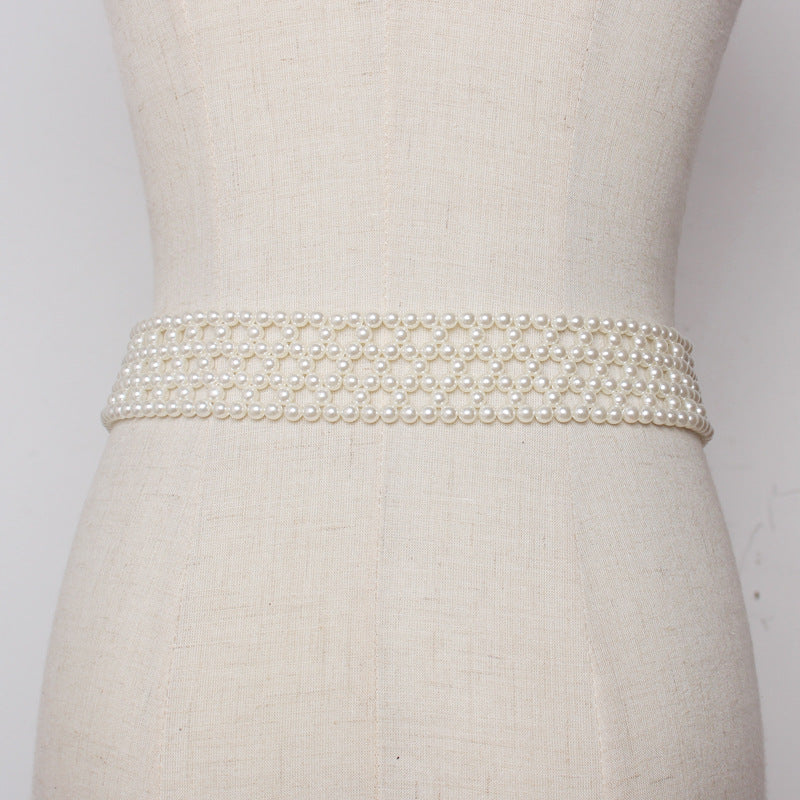 Hand openwork braided pearl belt