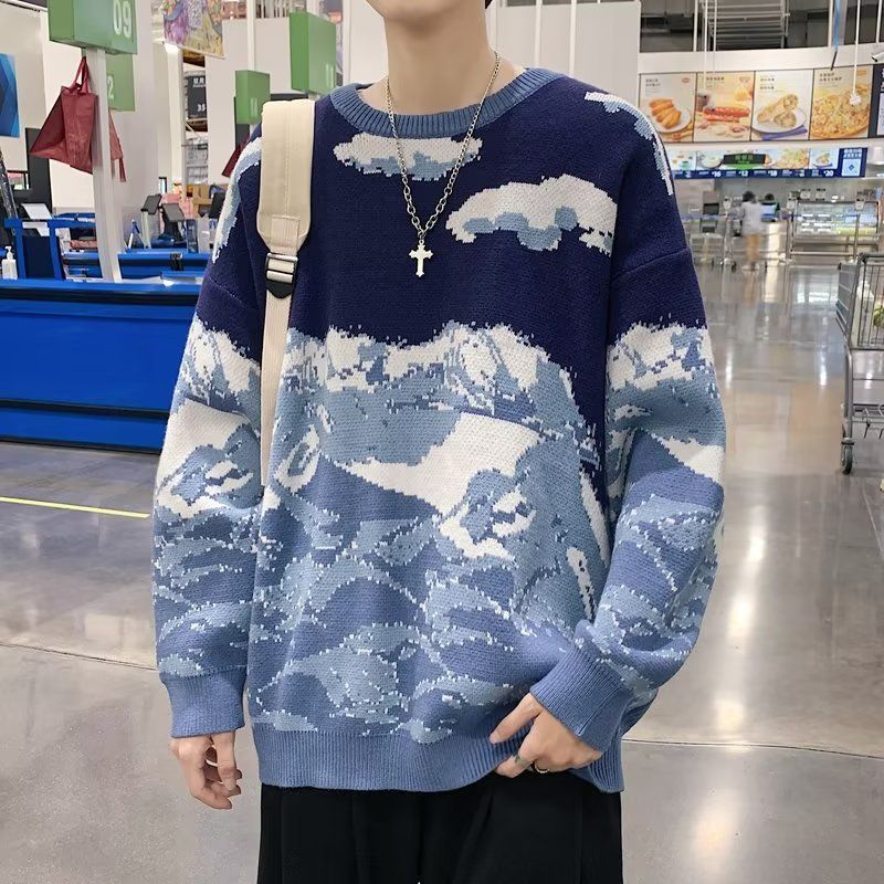 Amerikansk Modebrand Retro Snow Mountain Tie-dye Crew Neck Pullover Sweater