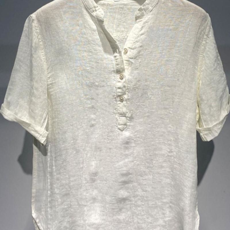 American-style Vintage Linen Crew-neck Short-sleeve Shirt