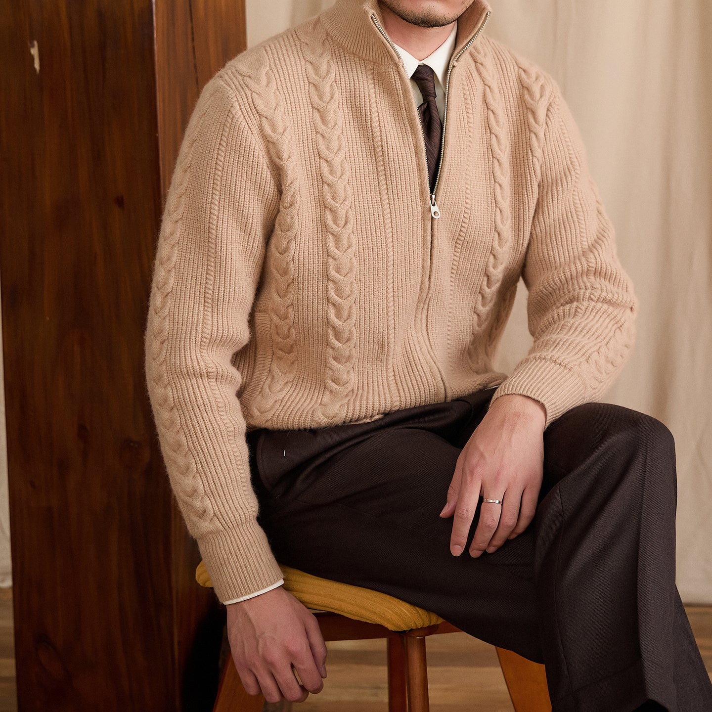 Autumn And Winter British Stand Collar Versatile Cable Knit Cardigan