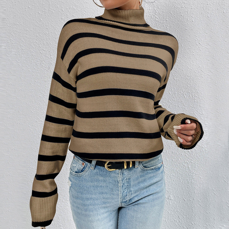 Women's Loose Contrast Color Striped Sweater Long-sleeved Top