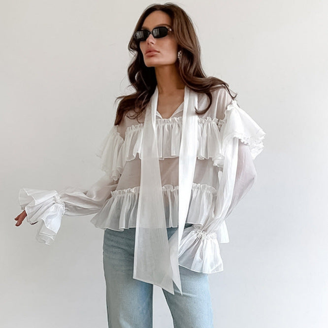 Designer French-style Soft Tie-front Long Sleeve Shirt