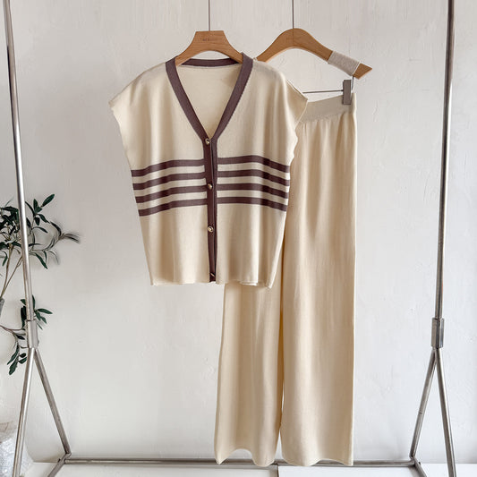 Korean-style Wide-leg Pants Set Casual, Laid-back Knit Two-piece For Women