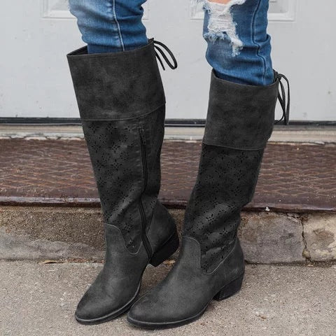 Autumn And Winter Low-heeled Hollow Burnt Half Zipper Knight Boots
