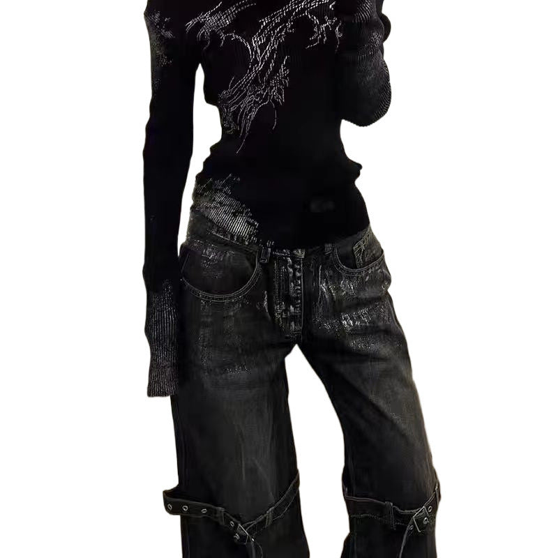 Retro Jeans Lace-up Deconstructed Wide-leg Pants Loose Trousers