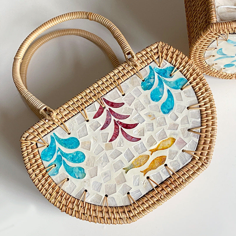 Women's Fashion Handmade Cabas Shell Rattan Storage Picnic Bag