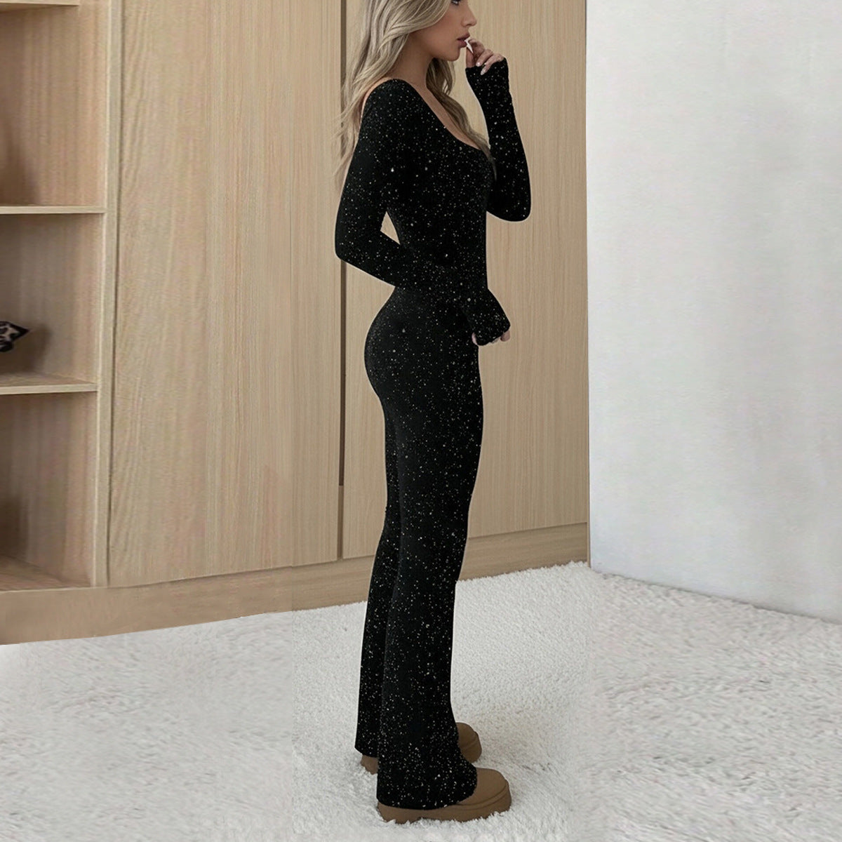 Autumn Temperament Slim Fit Square Neck Silver Jumpsuit For Women