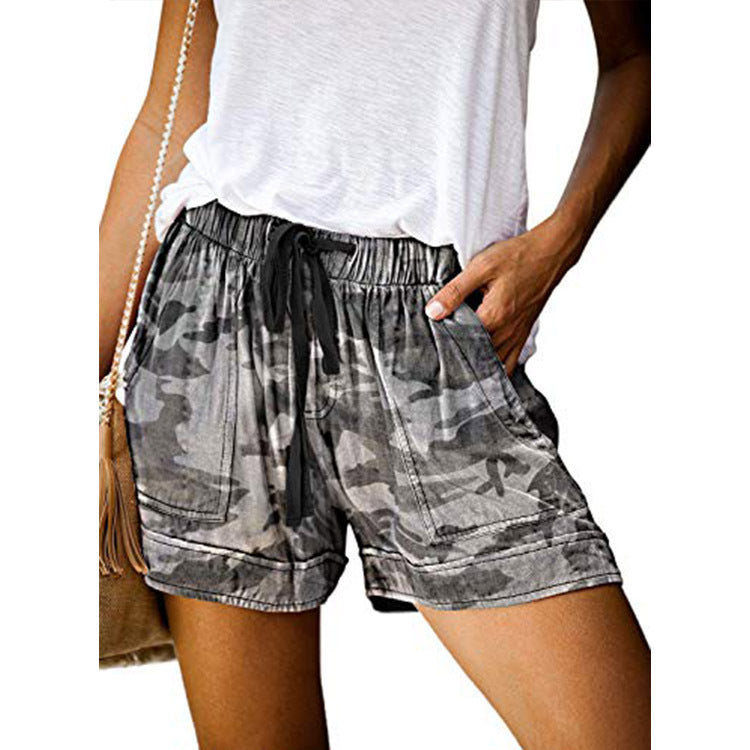 Casual elastic belt camouflage print high waist wide leg shorts