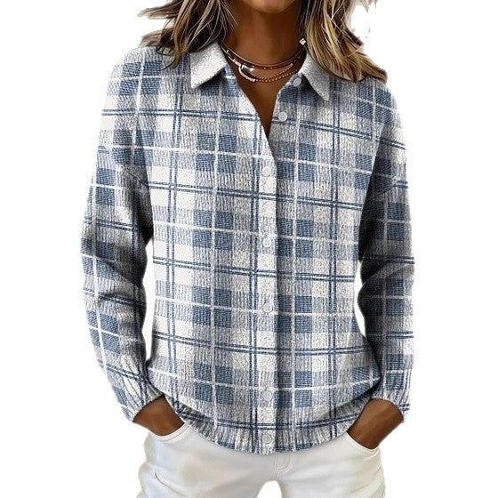 Womens Retro Plaid Printed Long-Sleeve Shirt With Star Design
