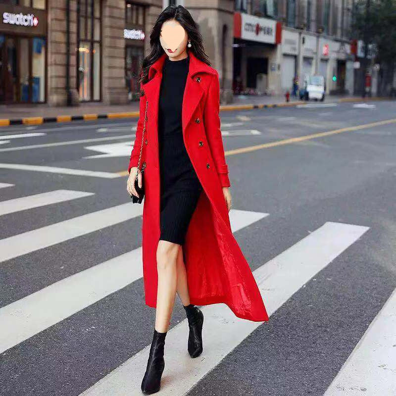 Solid Color Wool Coat Women's Long Slim Knee-length Padded Thick Wool Overcoat