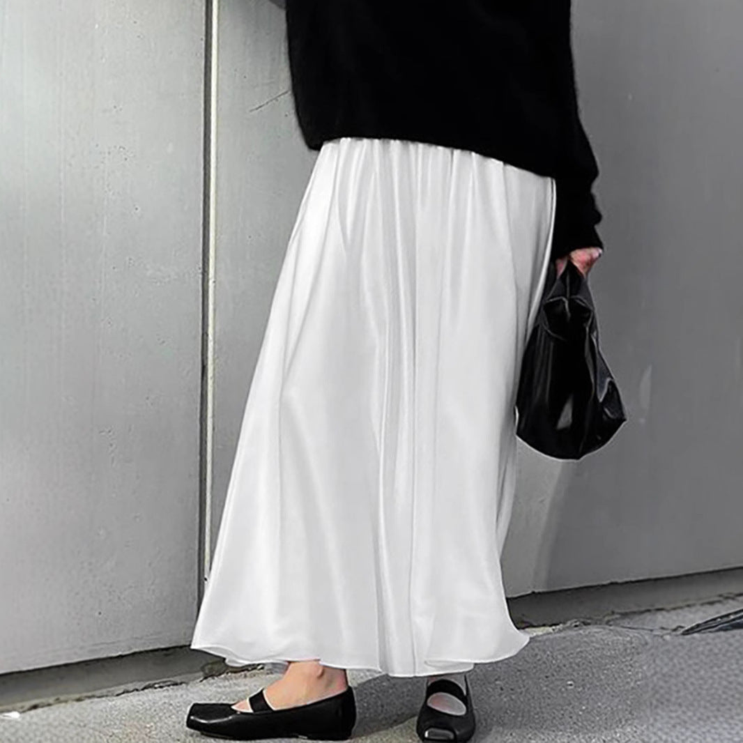 White Satin Draped High-waisted Midi Skirt