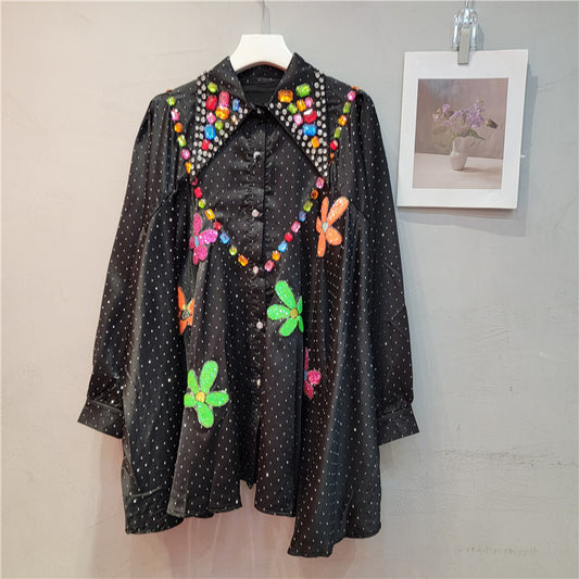 Beaded Lapel Women's Long Sleeve Loose Autumn Winter Shirt