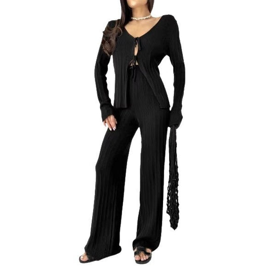 Womens Set Long-sleeve Tie-front Cardigan With Casual Trousers