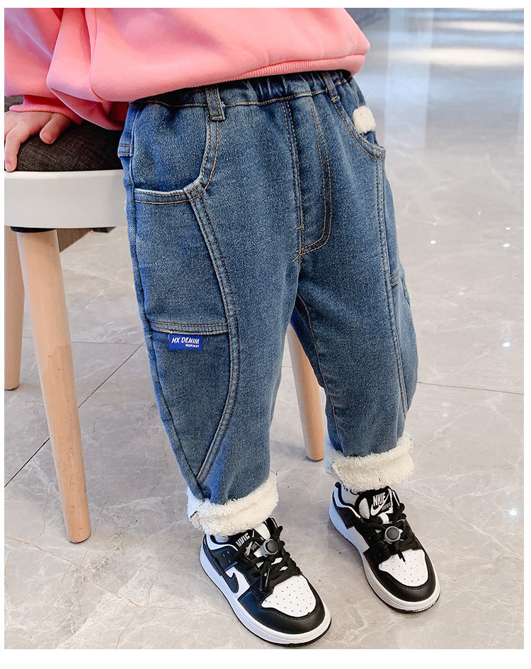 Small And Medium-sized Children's Velvet Thickened Jeans