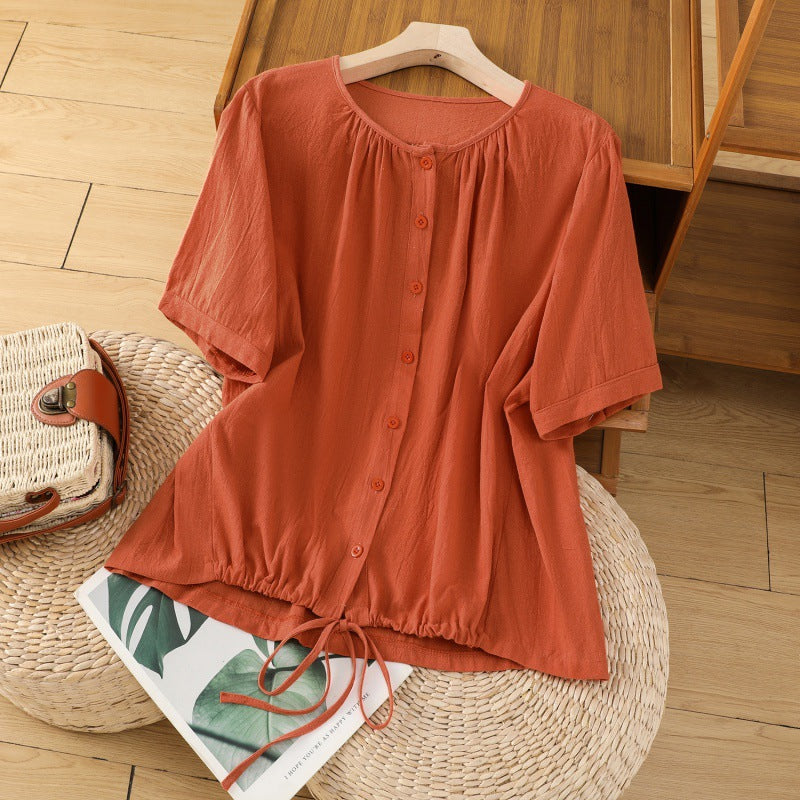 Womens Retro Drawstring Swing Sand-Washed Linen Top With A Crew Neck