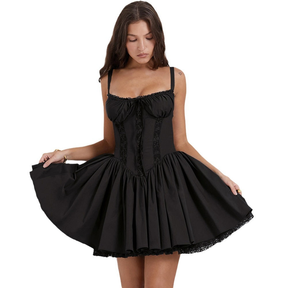 Lace-panelled Cinched-strapped Mini Dress For Women