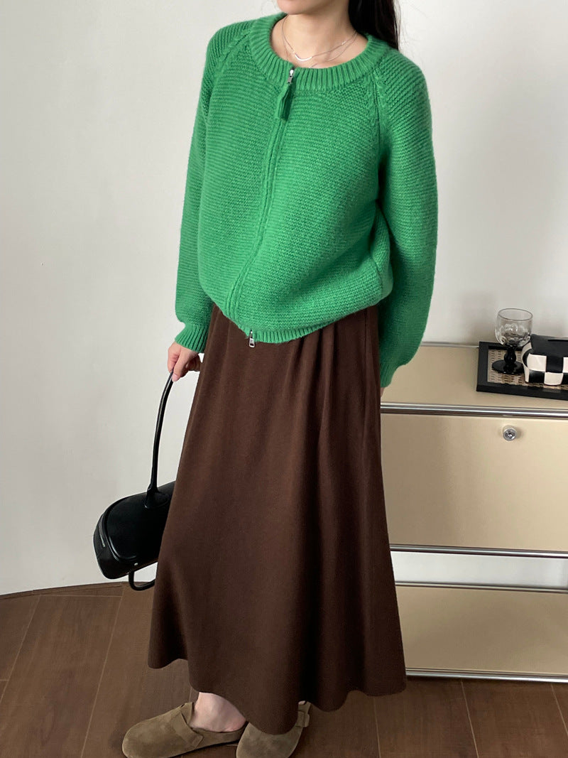Sweater Double Zipper Sweater For Women Loose And Lazy Style Crew Neck Coat