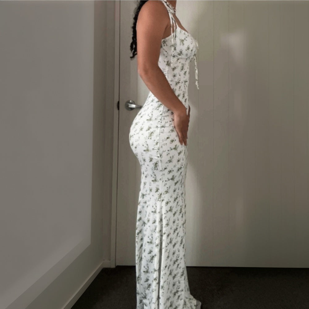 Slim-fit Square-neck Slip Dress With A Floral Print