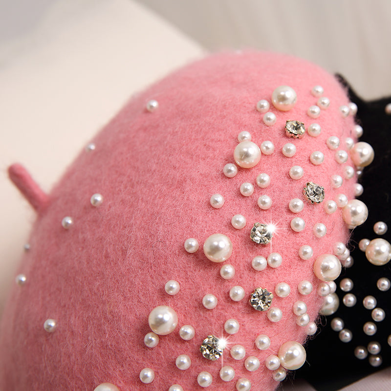 Ladies Small Fragrance Pearl Rhinestone Wool Beret