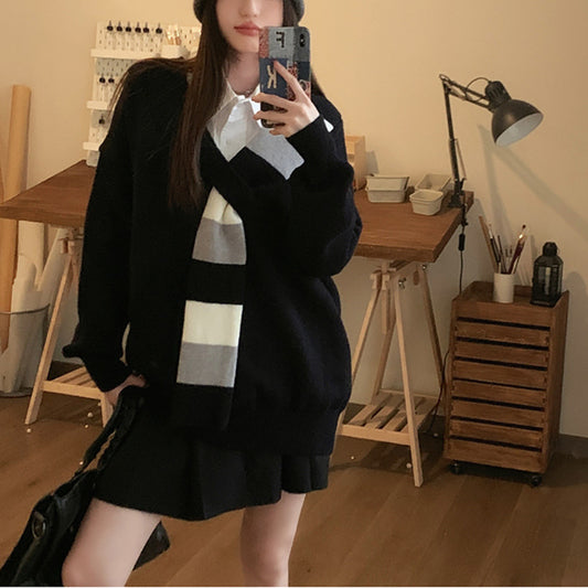 Lazy Style Fake Two-piece V-neck Striped Long Sleeve Women's Sweater