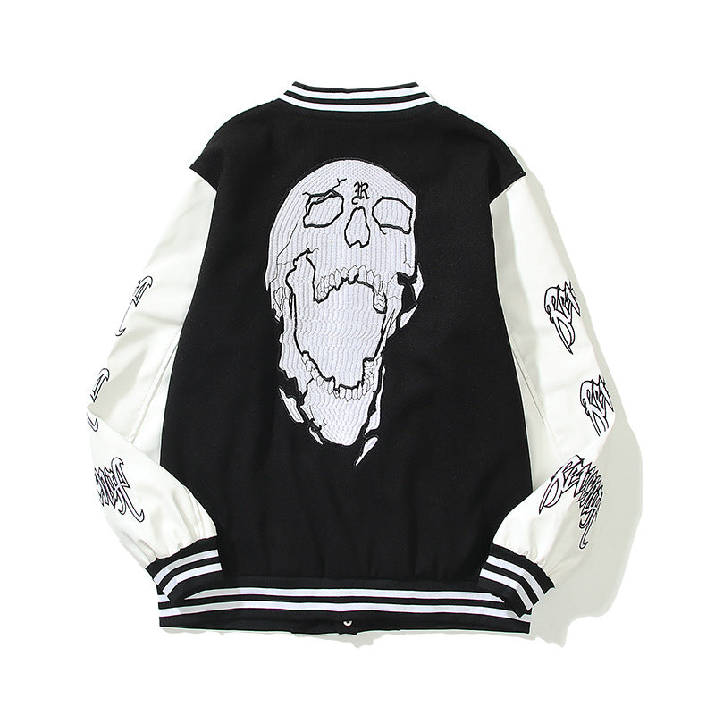 Men's And Women's Skull Embroidery Leather Sleeve Stitching Baseball Uniform Jacket