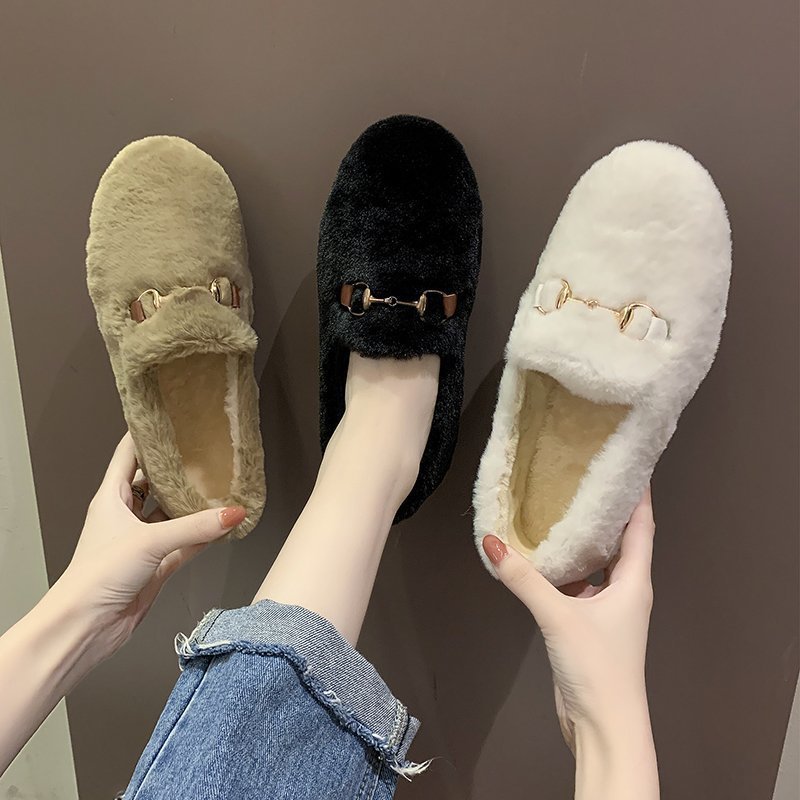 Flat Bottomed One Step Net Celebrity Plus Velvet Beanie Shoes