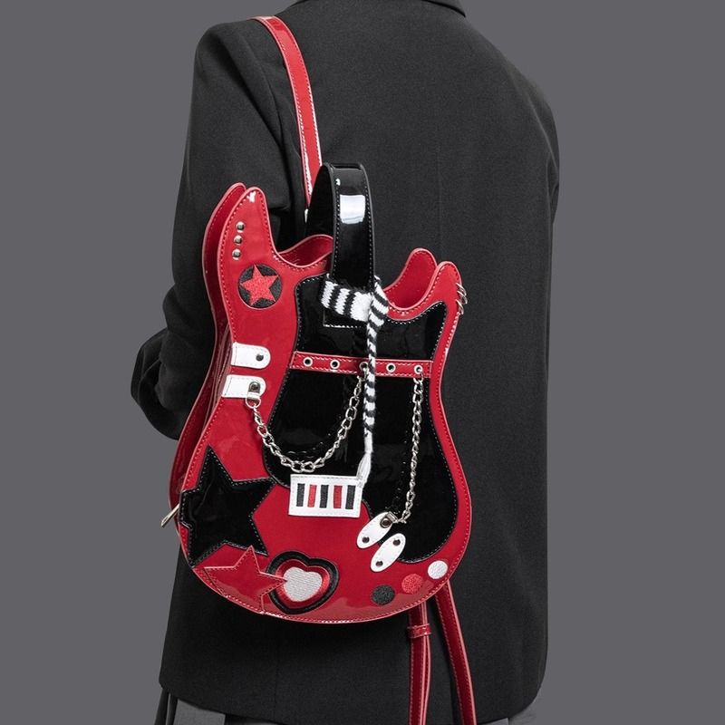 Kreativ Kontrastfarvet Sød Tørklæde To Skuldre Crossbody Guitar Rygsæk Sød