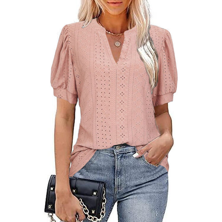 Casual V-neck Solid Color Hollow Puff Sleeve Loose T-shirt