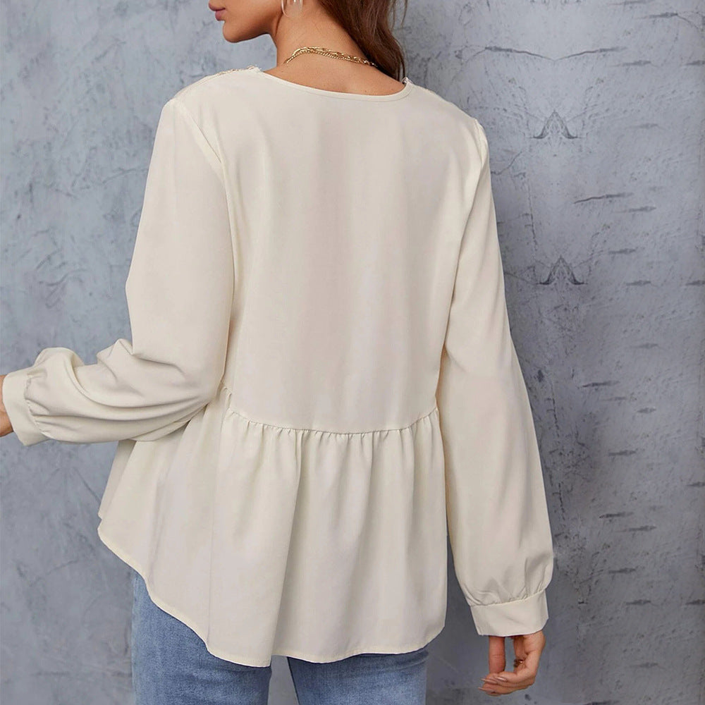 Women's Lace V-neck Loose Long Sleeve Top