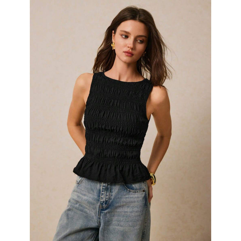 Womens Solid-Color Pleated Crew-Neck Casual Tank Top