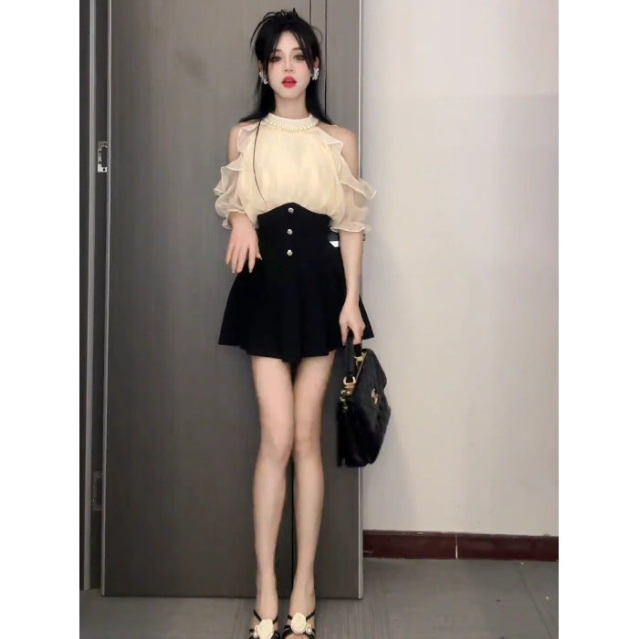 Womens Elegant Halterneck Off-shoulder Top And Skirt Two-piece Set