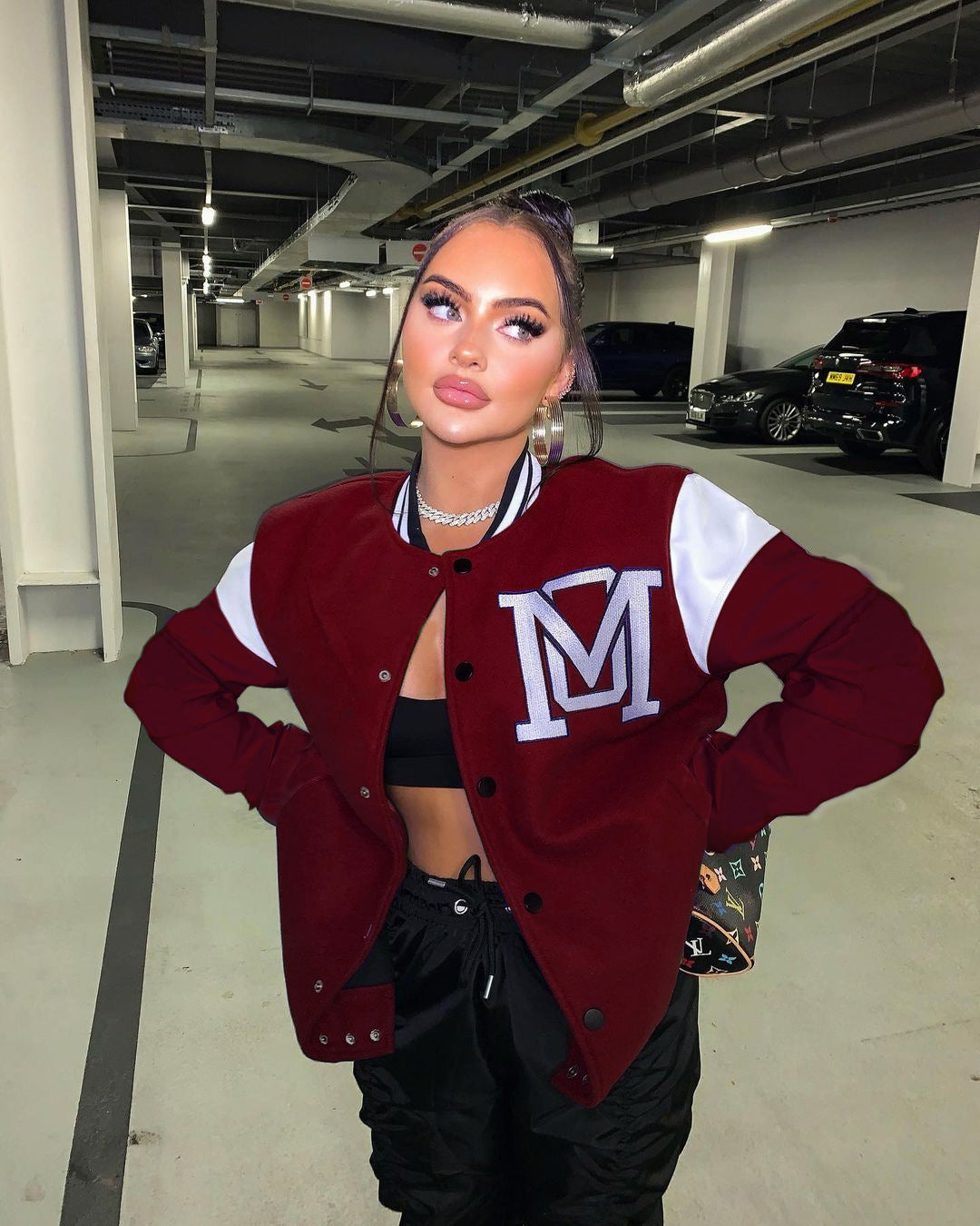 Veste de baseball unie avec patchwork et lettres décalées