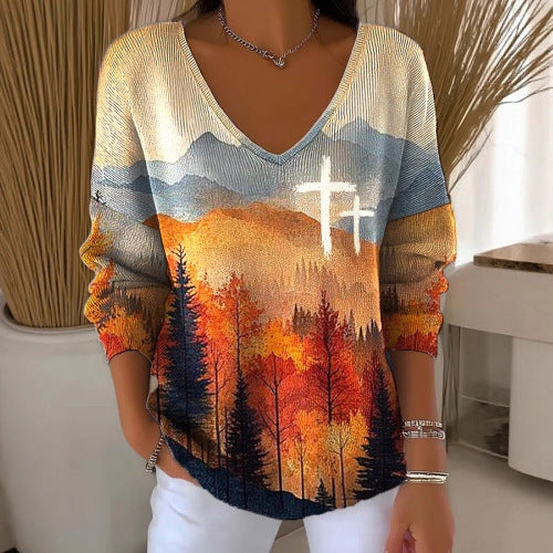 Womens Ribbed V-neck Three-quarter-sleeve Loose-fit T-shirt