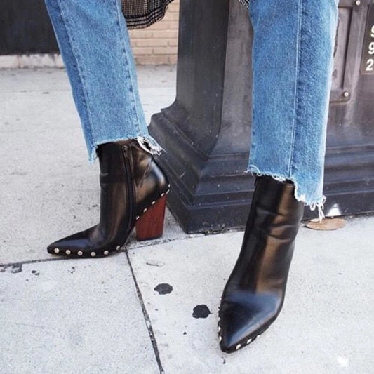 Solid Color Rivet Pointed Toe Women's Short Boots