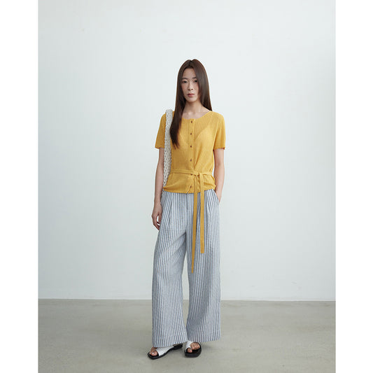 Striped Cotton And Linen Wide-leg Pants High Waist