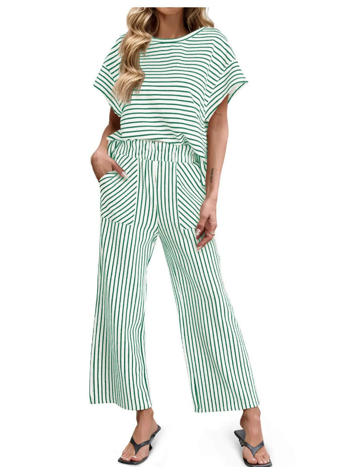 Womens Striped Short-Sleeve T-Shirt And Wide-Leg Pants Set With Pockets